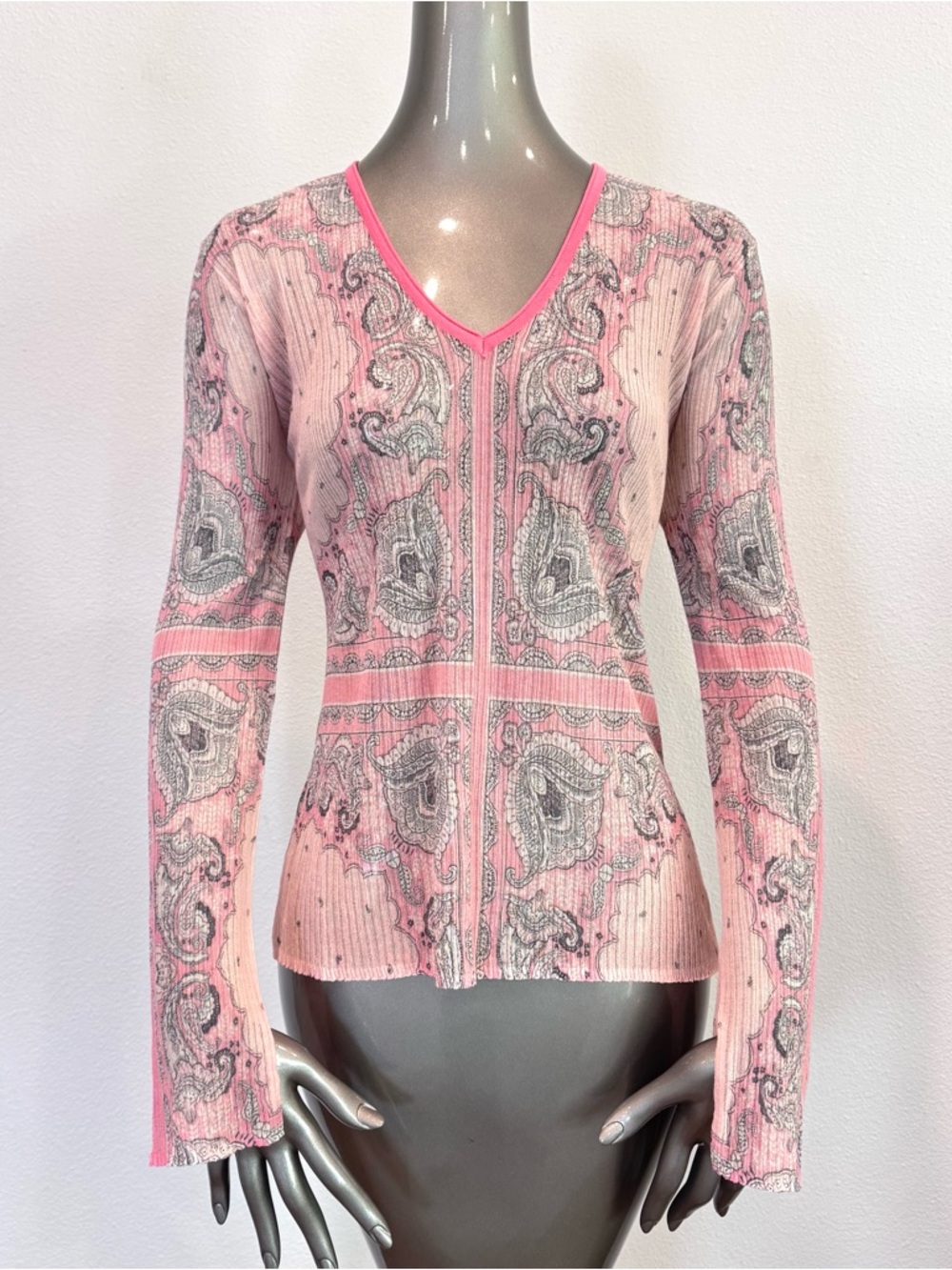 Twinset Milano XL Pink Paisley Ribbed Knit Stretch Top NWT Italy - Picture 3 of 16